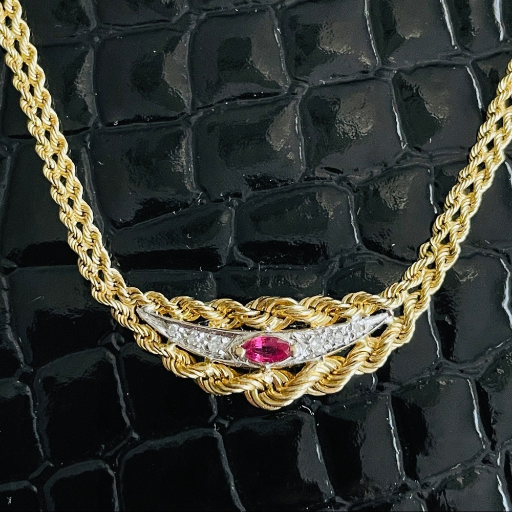 ESTATE 14K GOLD RUBY NECKLACE W/ DIAMONDS DOUBLE ROPE CHAIN - Picture 1 of 11